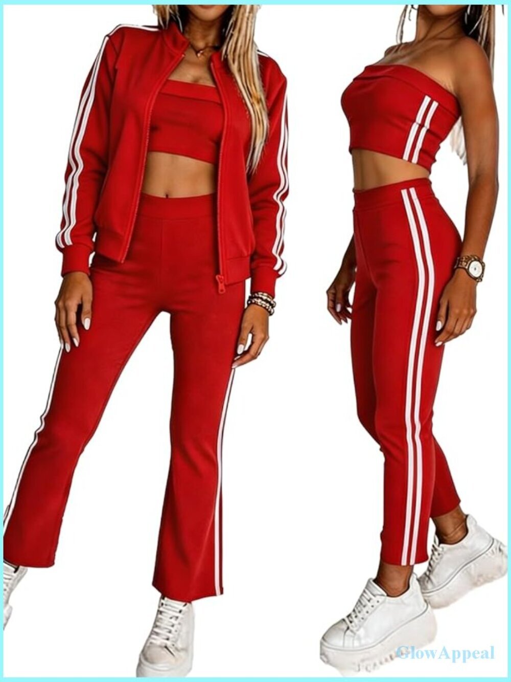 3 Piece Tracksuit Set - Strapless Top, Zip Jacket, Jogger Pants